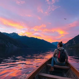 A stunning landscape of a serene lake surrounded by mountains during sunset, with the sky painted in hues of orange and purple reflecting off the water's surface