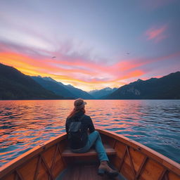 A stunning landscape of a serene lake surrounded by mountains during sunset, with the sky painted in hues of orange and purple reflecting off the water's surface