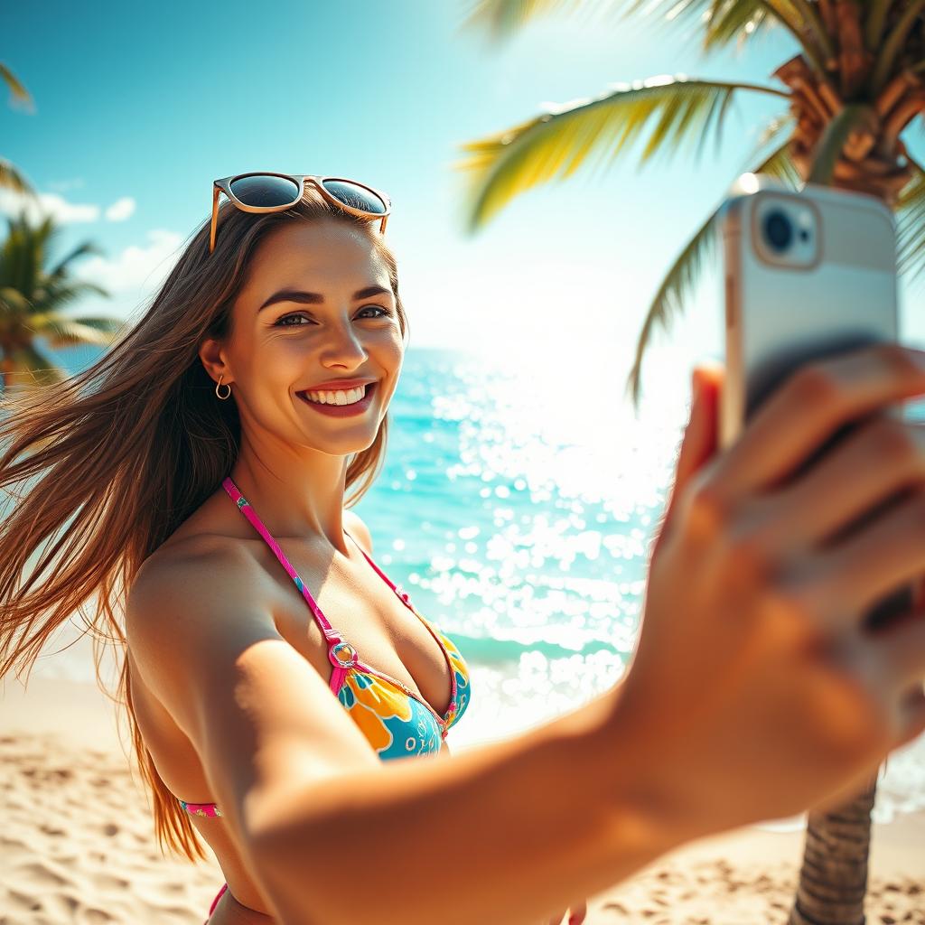 A confident woman taking a selfie in a colorful bikini by a beautiful beach, with the shimmering ocean in the background