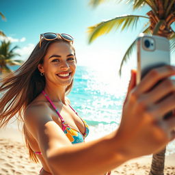 A confident woman taking a selfie in a colorful bikini by a beautiful beach, with the shimmering ocean in the background