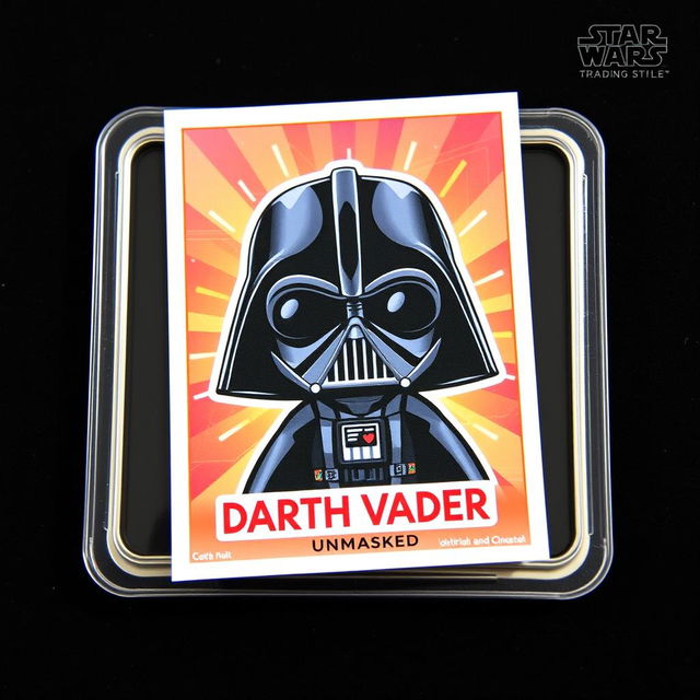 A Funko Pop-style trading card featuring an illustration of Darth Vader without his helmet, showcasing a cute and stylized version of the character's face