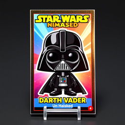 A Funko Pop-style trading card featuring an illustration of Darth Vader without his helmet, showcasing a cute and stylized version of the character's face