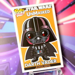 A Funko Pop-style trading card featuring an illustration of Darth Vader without his helmet, showcasing a cute and stylized version of the character's face