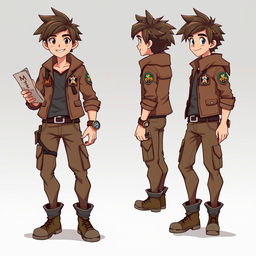 A character design showing a dynamic character from four different angles: front, back, left side, and right side