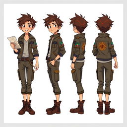 A character design showing a dynamic character from four different angles: front, back, left side, and right side