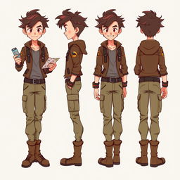 A character design showing a dynamic character from four different angles: front, back, left side, and right side