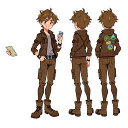 A character design showing a dynamic character from four different angles: front, back, left side, and right side