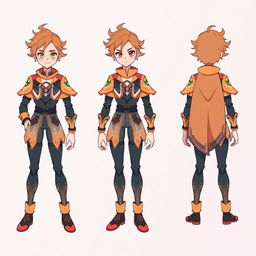 A character illustration showcasing multiple angles, including front, side, and back views