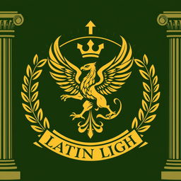 A logo design for the Order of the Latin Light, featuring a powerful griffin at the center, flanked by ornate laurel wreaths on either side