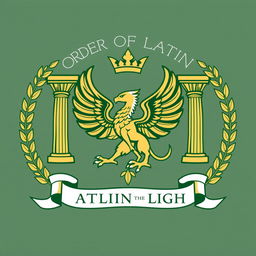 A logo design for the Order of the Latin Light, featuring a powerful griffin at the center, flanked by ornate laurel wreaths on either side