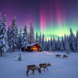 A picturesque winter landscape in Finland, featuring a serene snowy forest with tall pine trees covered in snow