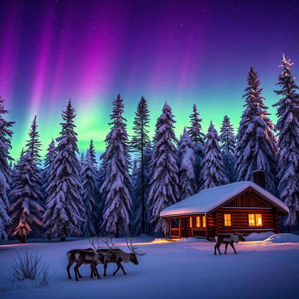 A picturesque winter landscape in Finland, featuring a serene snowy forest with tall pine trees covered in snow