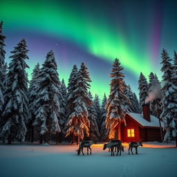 A picturesque winter landscape in Finland, featuring a serene snowy forest with tall pine trees covered in snow