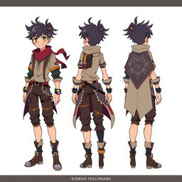 A character designed to showcase multiple sides, presented through a dynamic multi-angle illustration featuring the front, side, and back views