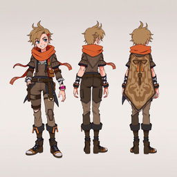 A character designed to showcase multiple sides, presented through a dynamic multi-angle illustration featuring the front, side, and back views
