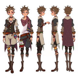 A character designed to showcase multiple sides, presented through a dynamic multi-angle illustration featuring the front, side, and back views