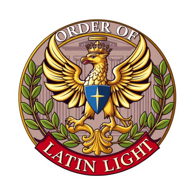 A detailed logo for the Order of Latin Light featuring a majestic griffin at its center, symbolizing strength and vigilance