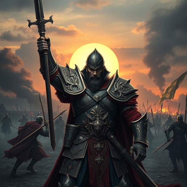 A fierce and powerful warrior depicted in a highly detailed fantasy setting, wearing ornate armor that reflects a mix of historical and mythical influences