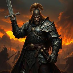 A fierce and powerful warrior depicted in a highly detailed fantasy setting, wearing ornate armor that reflects a mix of historical and mythical influences