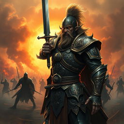 A fierce and powerful warrior depicted in a highly detailed fantasy setting, wearing ornate armor that reflects a mix of historical and mythical influences