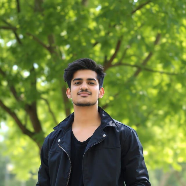 A stylish individual wearing a black jacket, standing confidently against a beautiful backdrop of lush, green trees