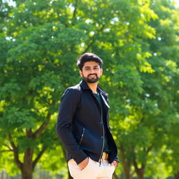 A stylish individual wearing a black jacket, standing confidently against a beautiful backdrop of lush, green trees