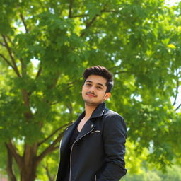 A stylish individual wearing a black jacket, standing confidently against a beautiful backdrop of lush, green trees