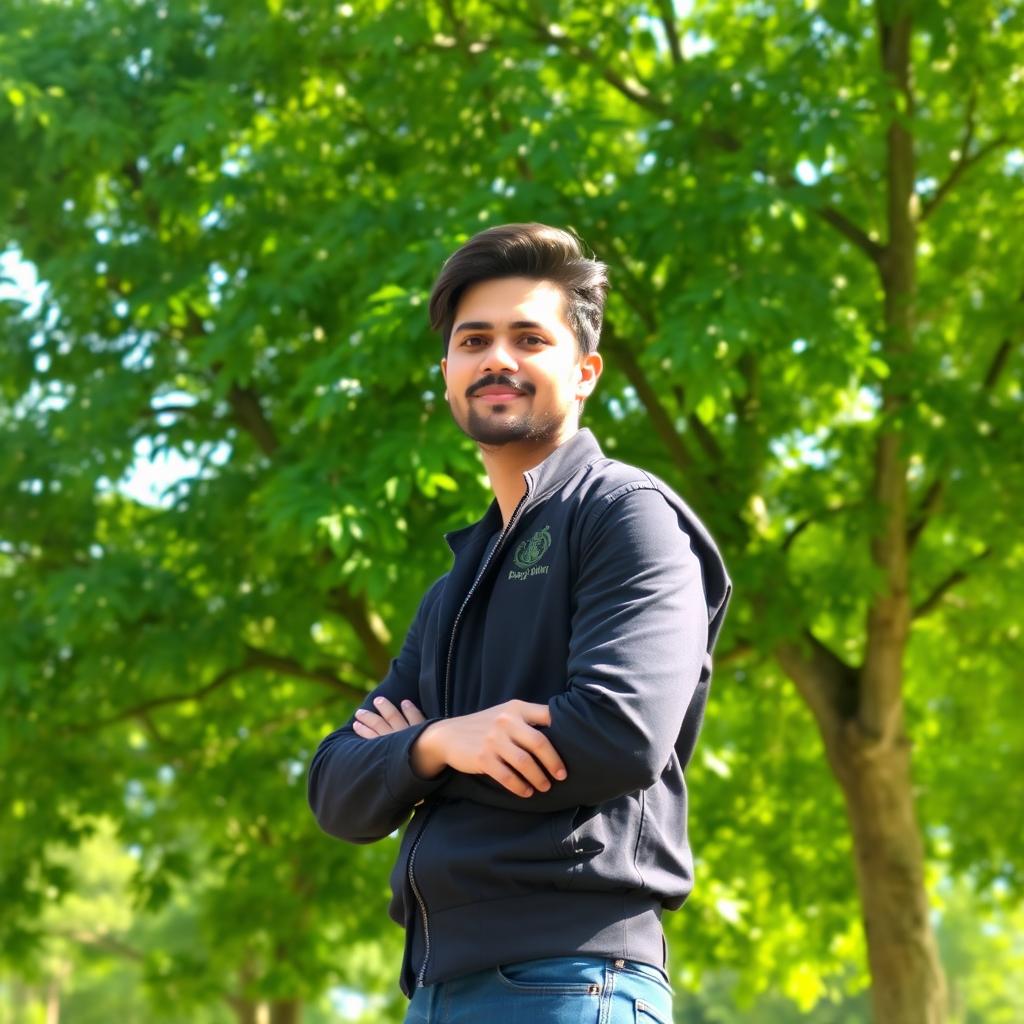 A stylish individual wearing a black jacket, standing confidently against a beautiful backdrop of lush, green trees