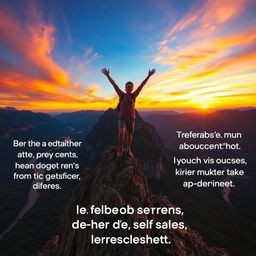 A motivational scene depicting a person standing triumphantly on a mountain peak at sunrise, arms raised in celebration