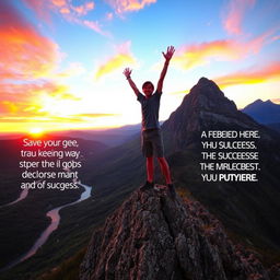 A motivational scene depicting a person standing triumphantly on a mountain peak at sunrise, arms raised in celebration