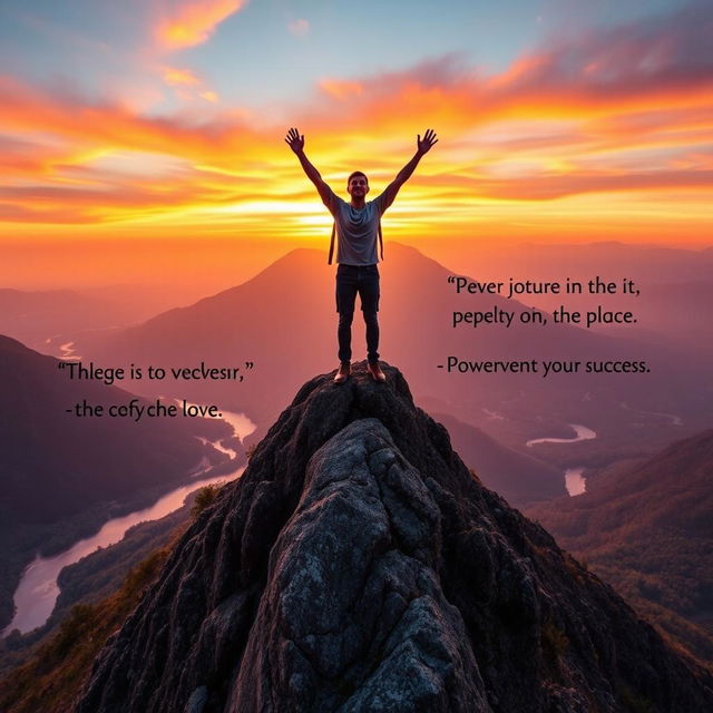 A motivational scene depicting a person standing triumphantly on a mountain peak at sunrise, arms raised in celebration