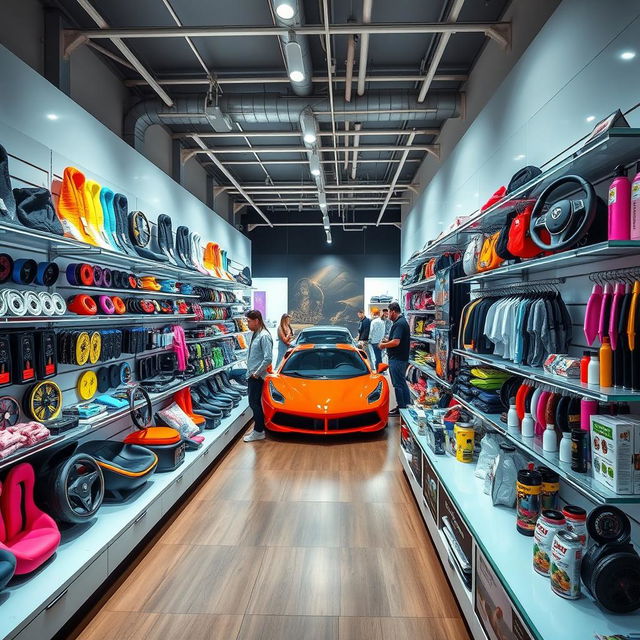 An inviting and stylish car accessories store interior, showcasing a variety of colorful car gadgets and accessories neatly arranged on modern shelves