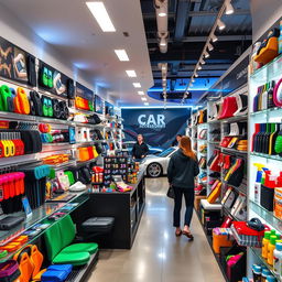 An inviting and stylish car accessories store interior, showcasing a variety of colorful car gadgets and accessories neatly arranged on modern shelves