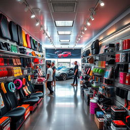An inviting and stylish car accessories store interior, showcasing a variety of colorful car gadgets and accessories neatly arranged on modern shelves