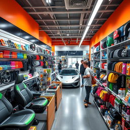 An inviting and stylish car accessories store interior, showcasing a variety of colorful car gadgets and accessories neatly arranged on modern shelves