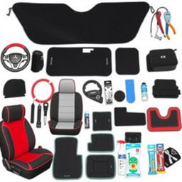 A collection of car accessories displayed on a transparent background, showcasing a variety of items such as steering wheel covers, seat covers, sunshades, car mats, and air fresheners