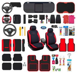 A collection of car accessories displayed on a transparent background, showcasing a variety of items such as steering wheel covers, seat covers, sunshades, car mats, and air fresheners