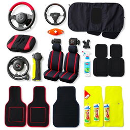A collection of car accessories displayed on a transparent background, showcasing a variety of items such as steering wheel covers, seat covers, sunshades, car mats, and air fresheners