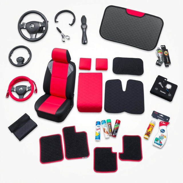 A collection of car accessories displayed on a transparent background, showcasing a variety of items such as steering wheel covers, seat covers, sunshades, car mats, and air fresheners