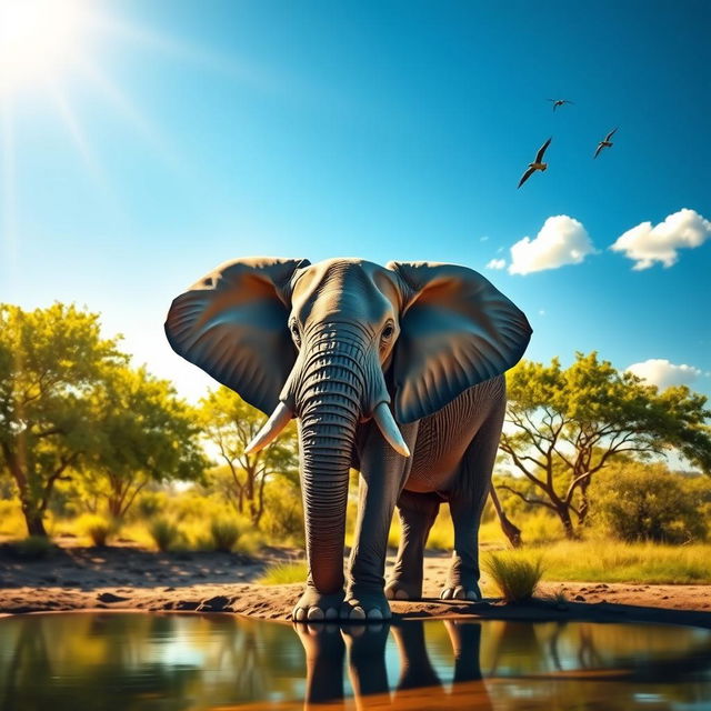 A majestic elephant standing gracefully under a bright blue sky