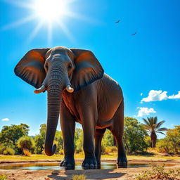 A majestic elephant standing gracefully under a bright blue sky