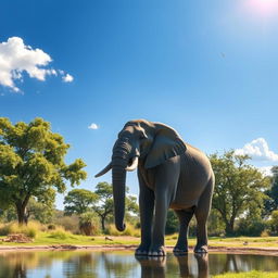 A majestic elephant standing gracefully under a bright blue sky