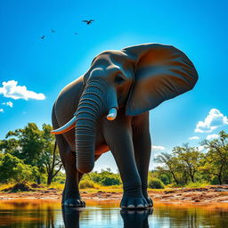 A majestic elephant standing gracefully under a bright blue sky