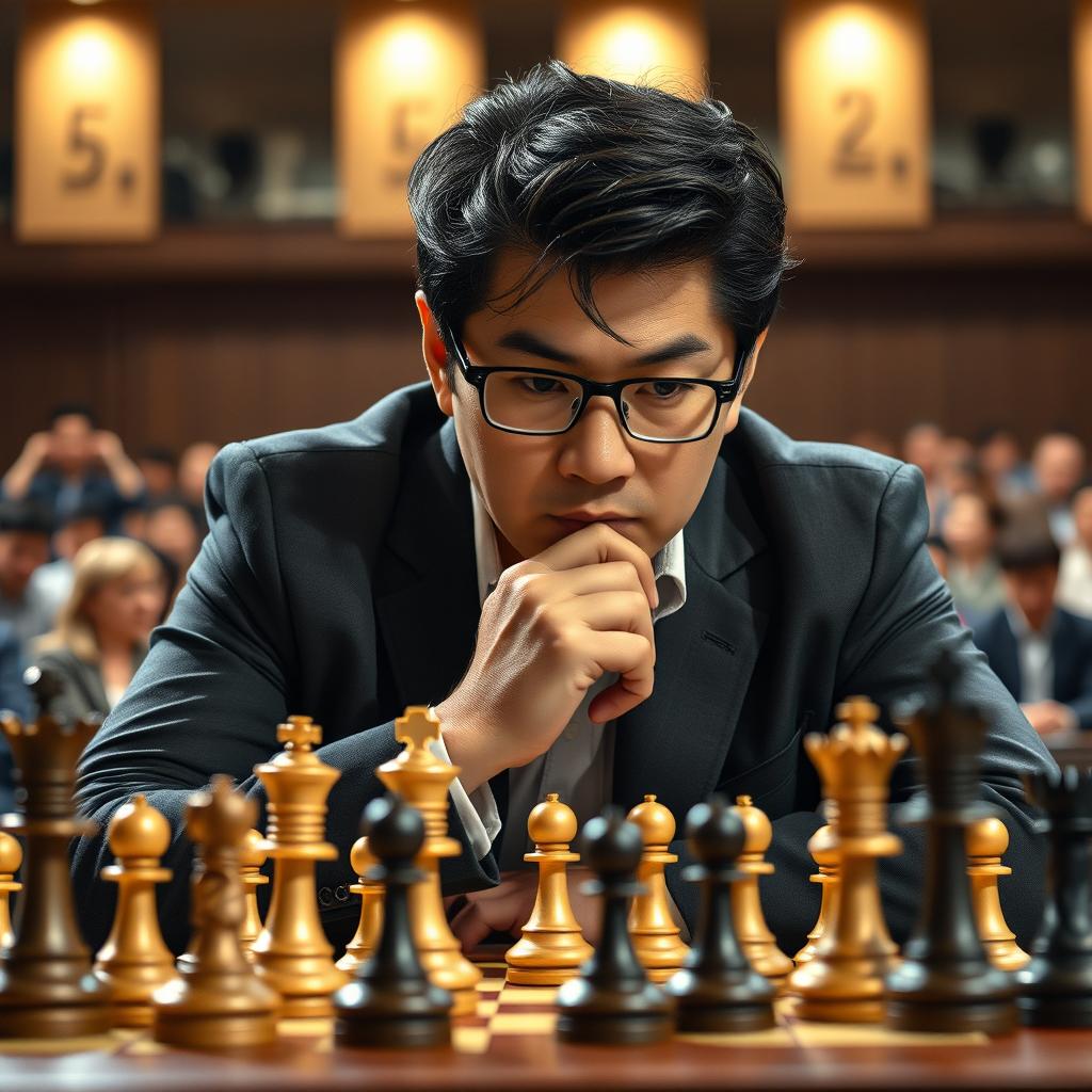 A dynamic chess scene featuring Hikaru Nakamura, a renowned chess grandmaster, intensely focused on a match