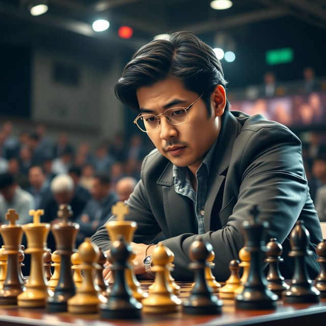 A dynamic chess scene featuring Hikaru Nakamura, a renowned chess grandmaster, intensely focused on a match