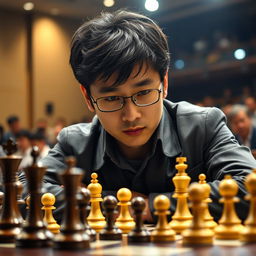 A dynamic chess scene featuring Hikaru Nakamura, a renowned chess grandmaster, intensely focused on a match