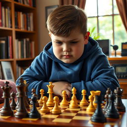 A chubby 14-year-old boy wearing a blue hoodie, intensely focused on a chess game in a cozy room