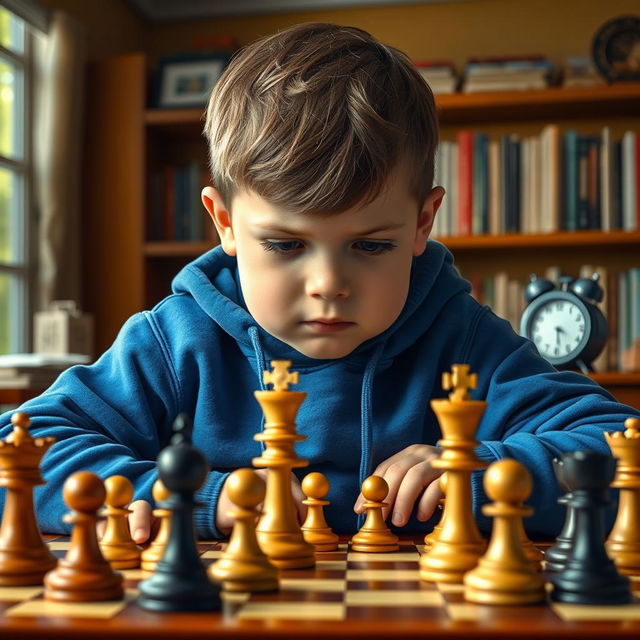 A chubby 14-year-old boy wearing a blue hoodie, intensely focused on a chess game in a cozy room