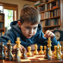 A chubby 14-year-old boy wearing a blue hoodie, intensely focused on a chess game in a cozy room