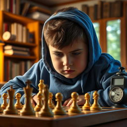 A chubby 14-year-old boy wearing a blue hoodie, intensely focused on a chess game in a cozy room